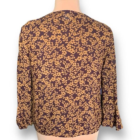 Vintage 90s Blouse Purple Ruffle Front Pirate Dark Floral Bell Long Sleeve Sheer - Picture 7 of 9
